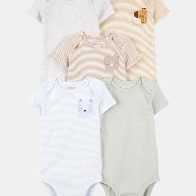 Baby 5-Pack Animals Short-Sleeve Cotton Bodysuits