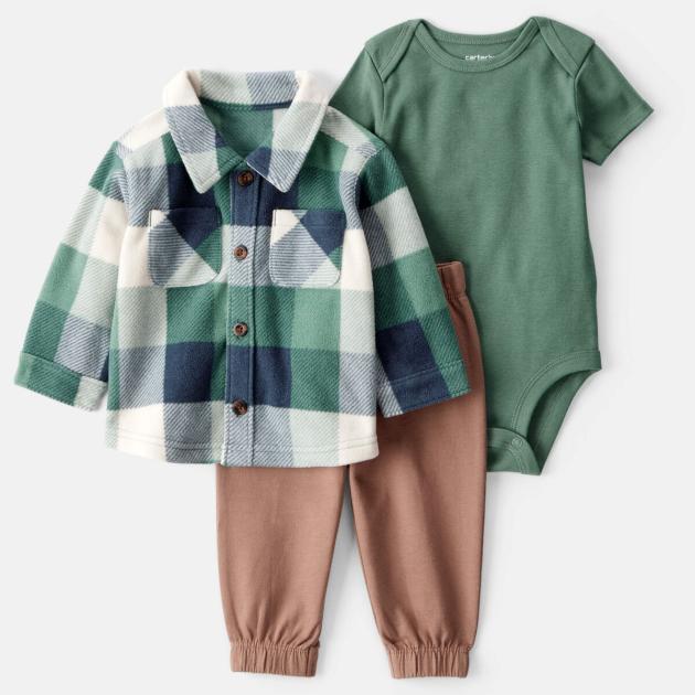 Baby 3-Piece Plaid Little Jacket Set - Green/Brown