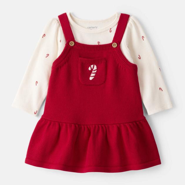 Baby Girl 2-Piece Candy Cane Print Long-Sleeve Top & Dress Set - Red