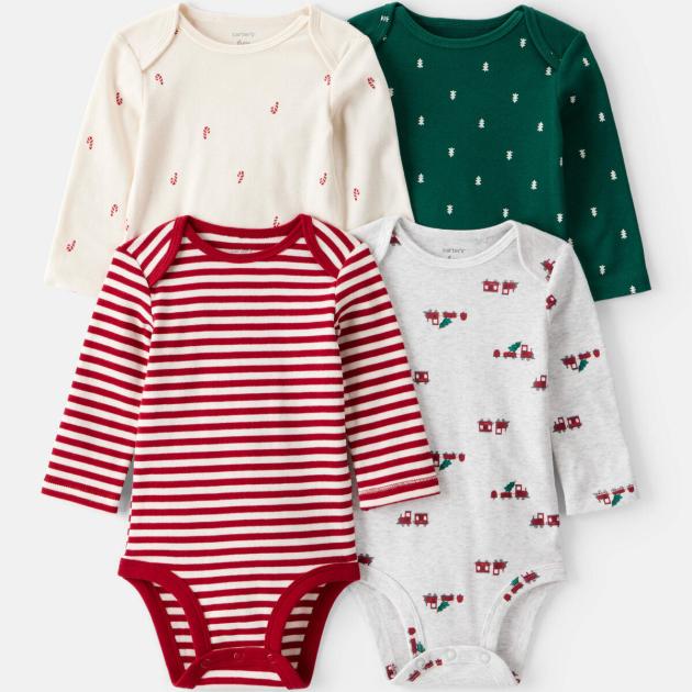 Baby Boy 4-Pack Christmas Print Long-Sleeve Multipack Bodysuits - White/Green