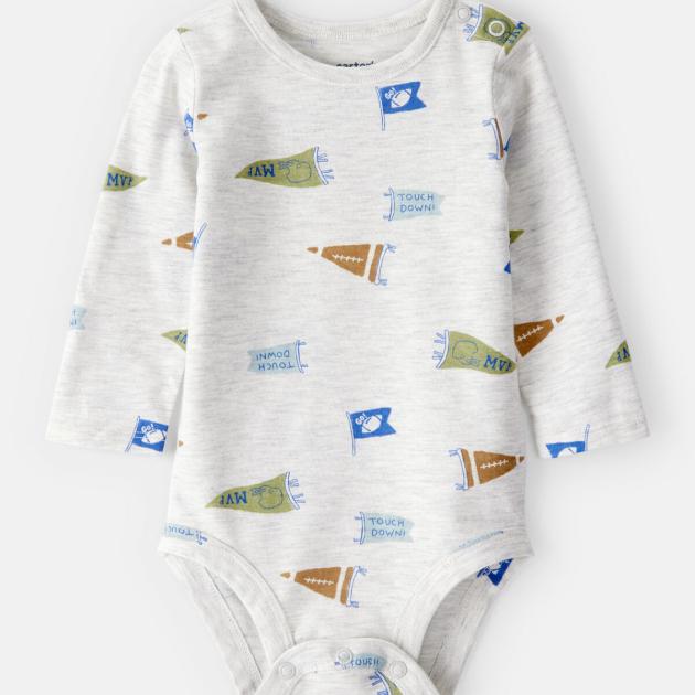 Baby Boy Football Print Long-Sleeve Fashion Bodysuit - Grey